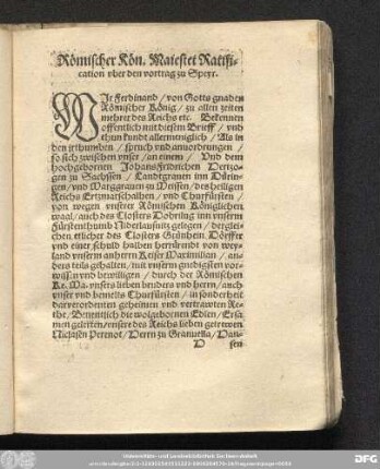 Römischer Kön. Maiestet Ratification uber den vortrag zu Speyr.