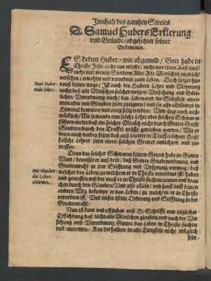 D. Samuel Hubers Erklerung und Gründe/ obgesetzter seiner Bekentnus.