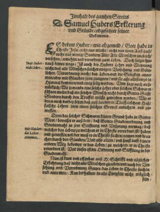 D. Samuel Hubers Erklerung und Gründe/ obgesetzter seiner Bekentnus.