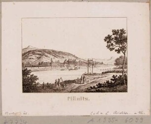 Das Schloss Pillnitz bei Dresden vom linken Ufer über die Elbe nach Südosten gesehen, aus Andenken an die Sächsische Schweiz von C. A. Richter 1820