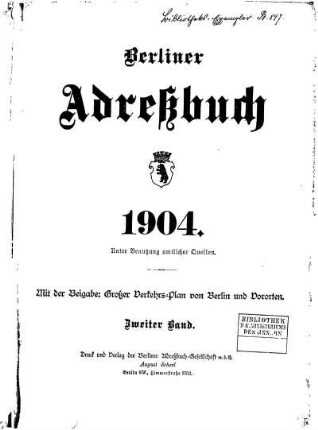 Berliner Adreßbuch 1904 Zweiter Band
