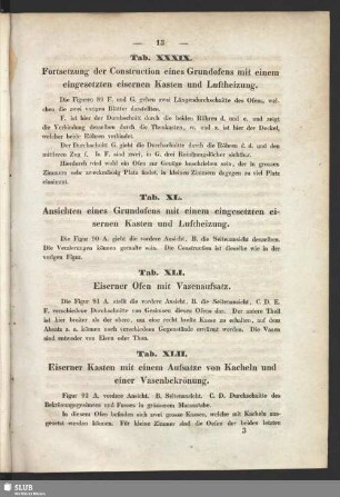 Tab. XXXIX. Fortsetzung der Construction eines Grundofens mit einem eingesetzten eisernen Kasten und Luftheizung