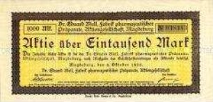 Aktie der Dr. Eduard Blell Aktien-Gesellschaft Magdeburg über Eintausend Mark
