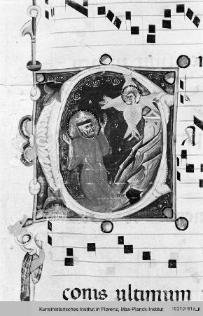 Textseite mit Randseitenbordüre, vierzeiligen Neumen und einer historisierten Initiale (C): Stigmatisierung des Franziskus - Sequentiae et hymni