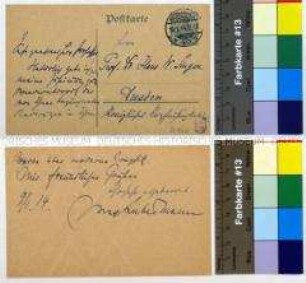 Eigenhändige Postkarte von Max Liebermann an Hans W. Singer in Dresden mit der Zustimmung zum Wiederabdruck von Radierungen; Berlin, 9. Januar 1914