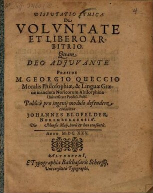 Dispvtatio Ethica De Volvntate Et Libero Arbitrio
