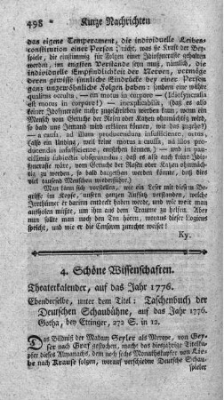 Theater-Kalender auf das Jahr 1776.