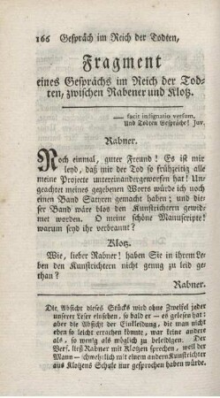 Fragment eines Gesprächs im Reich der Todten, zwischen Rabener und Klotz.