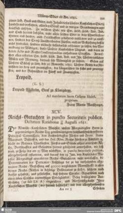 XCV. Reichs-Gutachten in puncto Securitatis publicae. Dictatum Ratisbonae 30/20 Augusti 1681