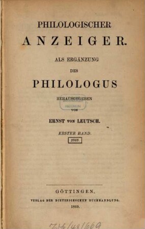 Philologischer Anzeiger. 1. 1869