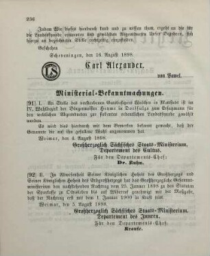91. Ministerial-Bekanntmachung, betreffend die Wahl des Bürgermeisters Hehme in Dorfsulza zum Ersatzmann für den weltlichen Abgeordneten im IV. Wahlbezirk zur siebten ordentlichen Landessynode