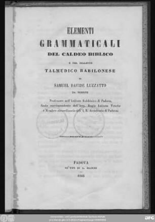Elementi grammaticali del Caldeo biblico e del dialetto Talmudico Babilonese