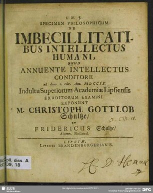 Specimen Philosophicum De Imbecillitatibus Intellectus Humani