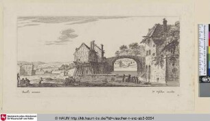 [Haus auf Stelzen, daneben eine Steinbrücke; House on poles and stone bridge]