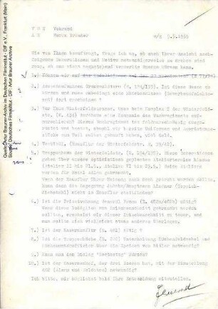 Interne Korrespondenz mit handschriftlichen Kommentaren von Artur Brauner