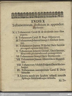 Index Testamentorum illustrium in appendice adjectorum