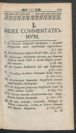 I. Index Commentationum
