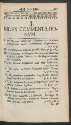 I. Index Commentationum