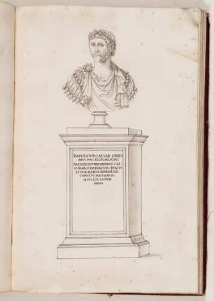 Bildnisbüste des römischen Kaisers Gratian (Usurpator), in: Series continuata omnium Imperatorum [...], Bd. 2, Bl. 61