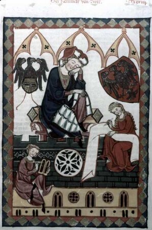 Manessische Liederhandschrift oder Große Heidelberger Liederhandschrift — Der blinde Reinmar von Zweter beim Diktieren eines Minnesanges, Folio 323recto