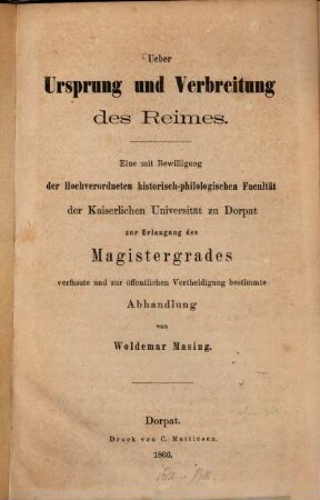 Ueber Ursprung und Verbreitung des Reimes