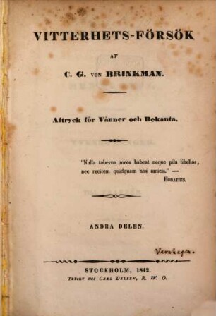 Vitterhets-Försök : Aftryck för vänner och bekanta, D. 2