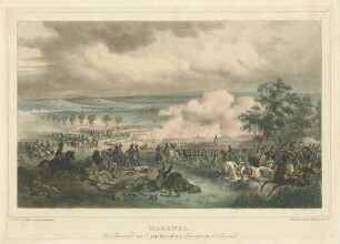 Kaiser Napoleon I. zu Pferd mit Gefolge (Offizieren) vor bewegtem Schlachtfeld mit französischen Kavallerie- und Infanterie-Regimentern bei Marengo 1800, Bildmittig Gefallene