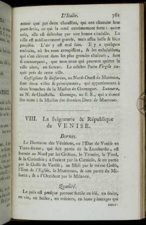 VIII. La Seigneurie & République de Venise.