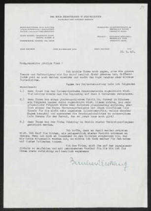 Brief von Bernhard Ercklentz an Margarete Hauptmann