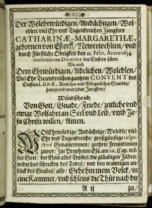 Der Wolehrwürdigen/ [...] Jungfern Catharinæ-Margarethæ, gebornen von Estorff/ [...]