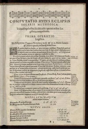 Computatio Huius Eclipsis Solaris Methodica. Tribus singularibus, & distinctis operationibus Logisticis, comprehensa
