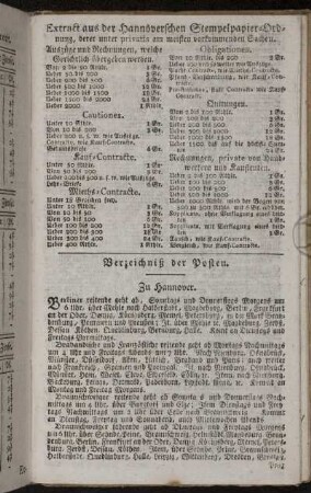 Extract aus der Hannöverschen Stempelpapier-Ordnung, derer unter privatis am meisten vorkommenden Sachen. - Verzeichnis der Posten.