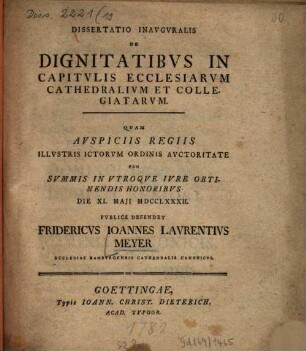 Diss. inaug. de dignitatibus in capitulis ecclesiarum cathedralium et collegiatarum