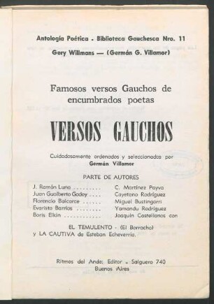 Versos gauchos : famosos versos gauchos de encumbrados poetas ; [antología gauchesca]