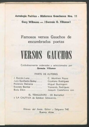 Versos gauchos : famosos versos gauchos de encumbrados poetas ; [antología gauchesca]