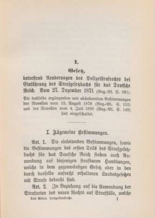 I. Gesetz, betreffend Aenderungen des Polizeistrafrechts bei Einführung des Strafgesetzbuchs für das Deutsche Reich. Vom 27. Dezember 1871