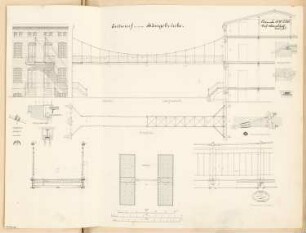 Hängebrücke Monatskonkurrenz November 1878: Grundriss auf 2 Ebenen, Aufriss Seitenansicht (halb) und Längsschnitt (halb), Querschnitt, Details; 3 Maßstabsleisten