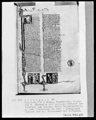 Bibel — Textseite mit historisierter Initiale und zwei Miniaturen, Folio 1recto