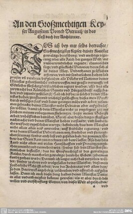 An den Großmechtigen Keyser Augustum Vorred Vitruvii/in das Erst buch der Architectur.