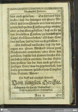 Die fünff und viertzigste Andacht. Vom jüngsten Gerichte