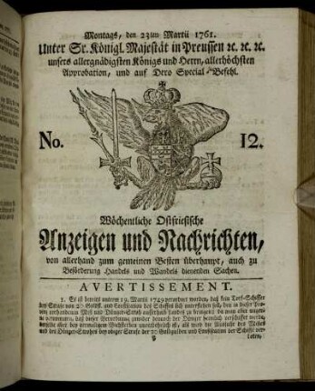 No. 12. Montags, den 23ten Martii 1761.