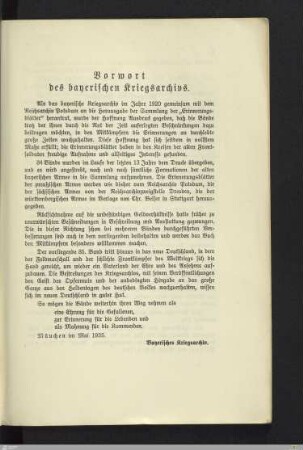 Vorwort des bayerischen Kriegsarchivs