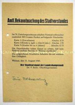 Amtliche Bekanntmachung des Stadtvorstandes von Weimar zur Zuteilung von Zucker