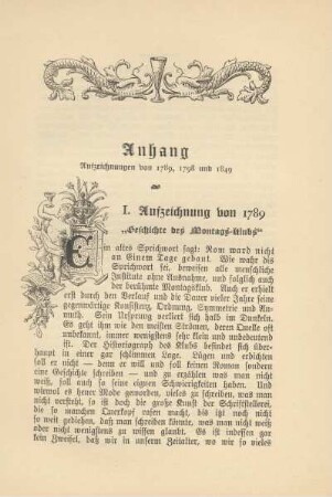 I. Aufzeichnung von 1789. "Geschichte des Montags-Klubs"