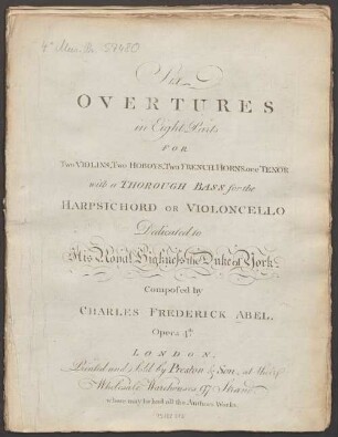 Six OVERTURES in Eight Parts FOR Two VIOLINS, Two HOBOYS, Two FRENCH HORNS, one TENOR with a THOROUGH BASS for the HARPSICHORD OR VIOLONCELLO, Opera 4.th