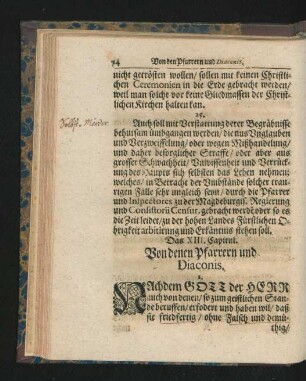 Das XIII. Capitul. Von denen Pfarrern und Diaconis.