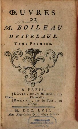 Oeuvres De M. Boileau Despreaux. 1
