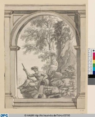 Kassel: Entwurf für eine Wanddekoration: Blick durch einen Architekturrahmen auf eine Felslandschaft mit Flussgott