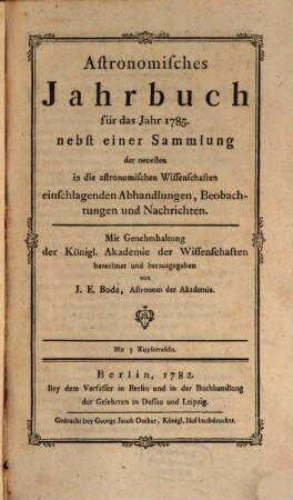 Astronomisches Jahrbuch. 1785 (1782)