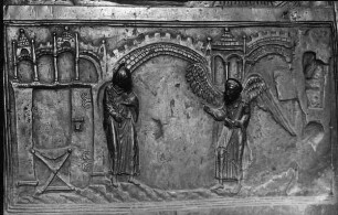 Hildesheim, Dom St. Maria, Bronzetür, sog. Bernwardstür, rechter Flügel, 8. Feld v. o., Verkündigung